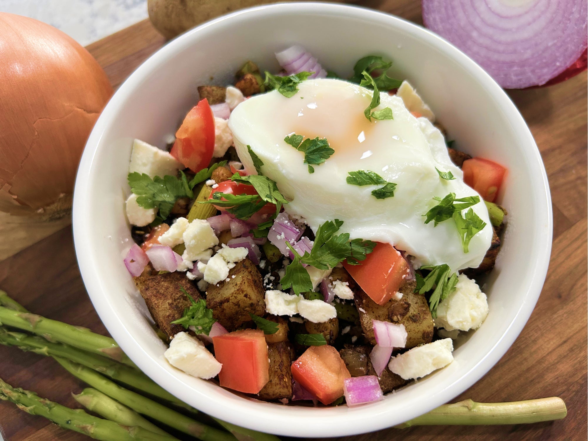 Mediterranean Breakfast Hash with Poached Eggs: Iron-Rich Morning Power Bowl